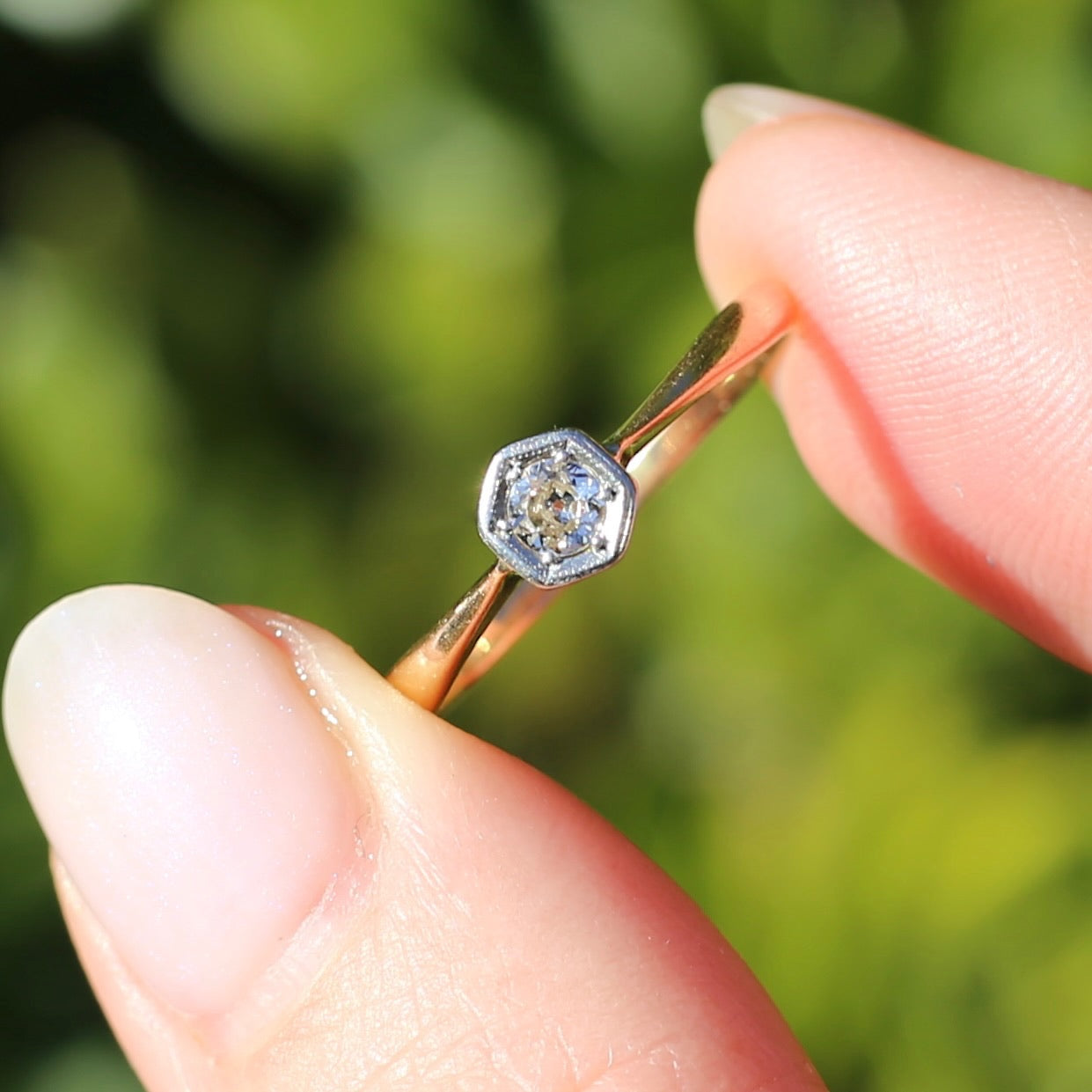 Early Australian Old Cut Diamond Solitaire by H. G. Rogers, 18ct White and Yellow Gold, size 9.5 or just over S1/2