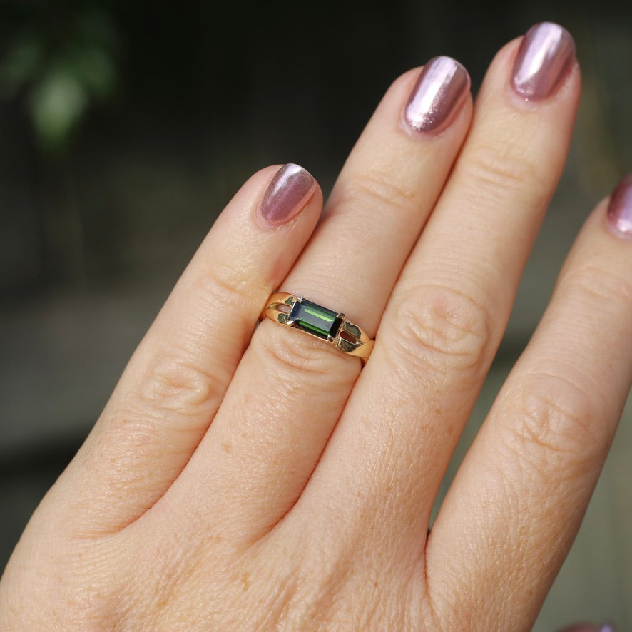 East West Set Emerald Cut Dark Green Natural Tourmaline Ring, 9ct Yellow Gold, size L or 5.75