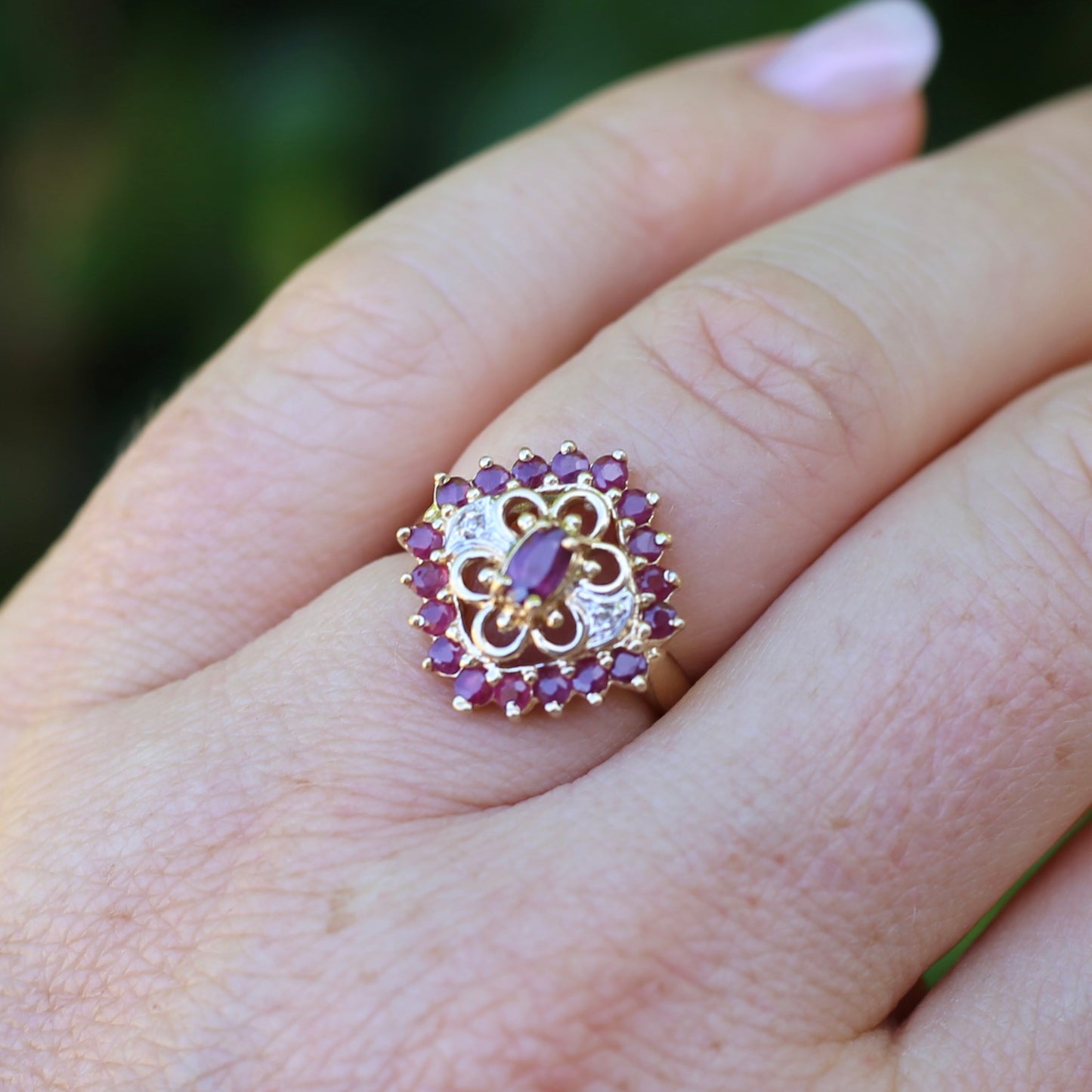 Ruby and Diamond Filigree 14ct Yellow Gold Ring, size M or just under 6.5