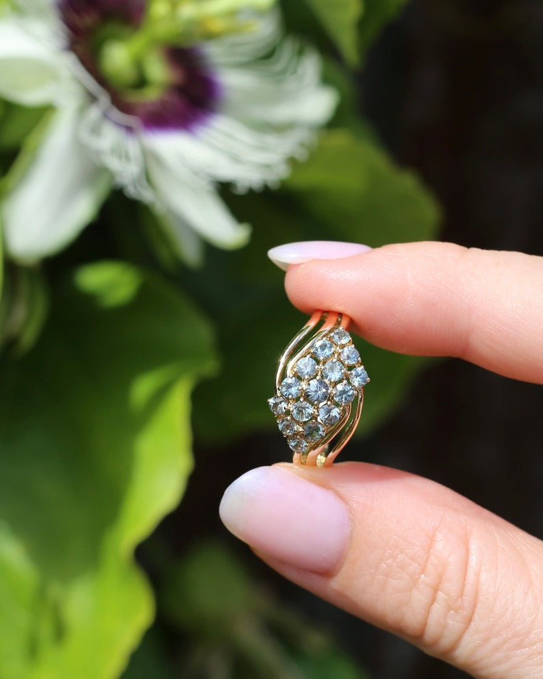 Pale Blue Parti Sapphire Bypass Cluster Ring, 9ct Yellow Gold, size P1/2 or 7.75, 2.75g