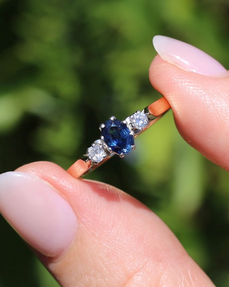 Sapphire and Diamond Trilogy, 9ct Yellow Gold and Palladium, size P or 7.75, 2.32g