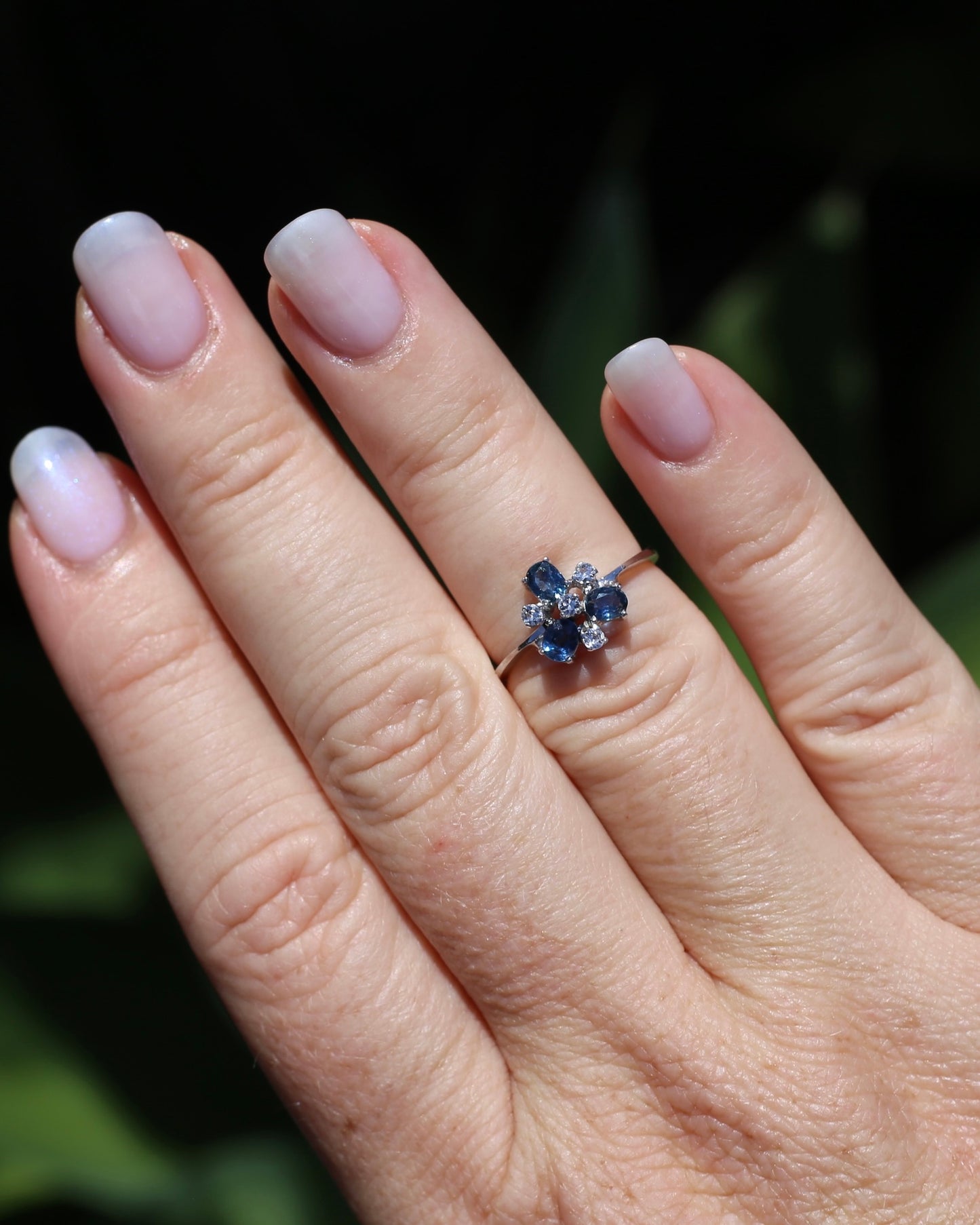Vintage Parti Sapphire and White Quartz Cluster Ring, 9ct White Gold, size M or just over 6, 1.7g