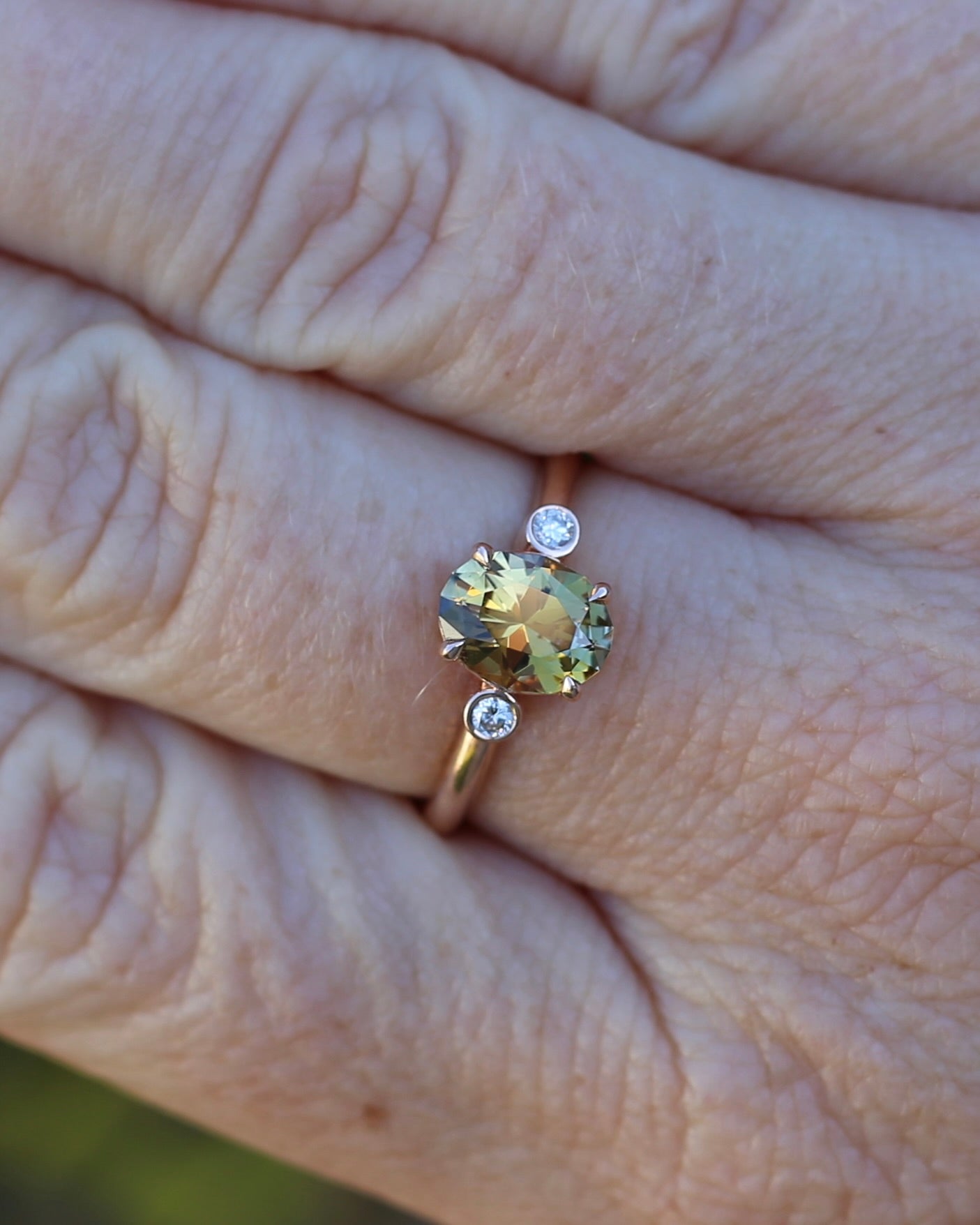 1.57ct Natural Golden Tanzanite Zoisite and Diamond Trilogy Ring, 14ct Rose Gold, size 8.75 or just over R, 3.3g, with valuation