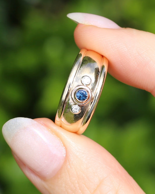 Bezel Set Parti Sapphire and Diamond Trilogy, Chunky Yellow Gold, size O1/2 or 7.5 (will fit smaller due to width)