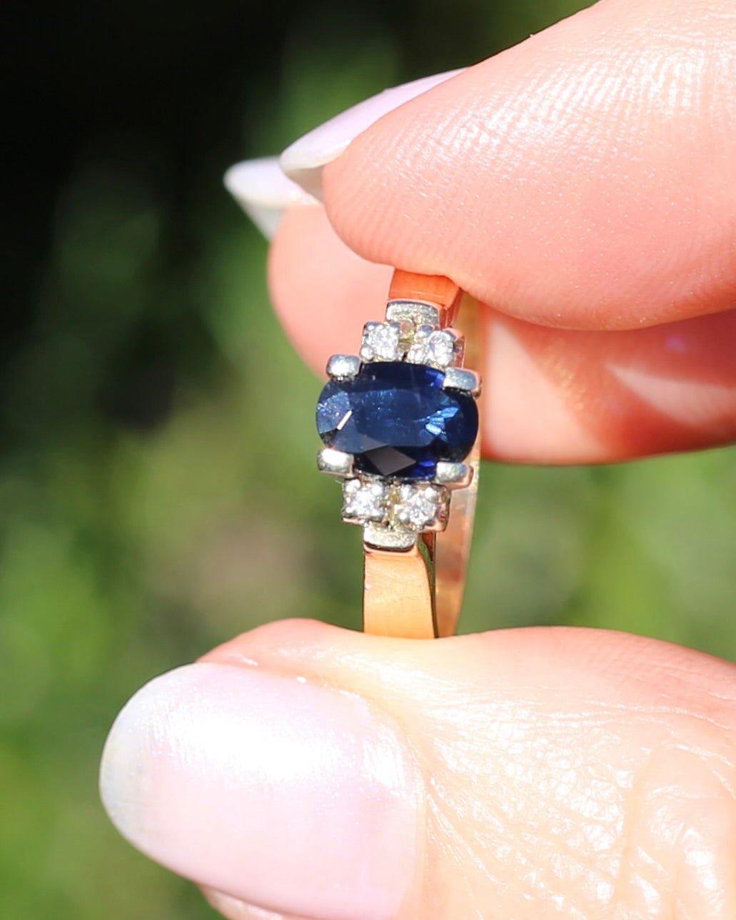 Circa 1970s Natural Sapphire and Diamond Ring, 9ct Yellow and White Gold, size M or 6.25, 4.19g