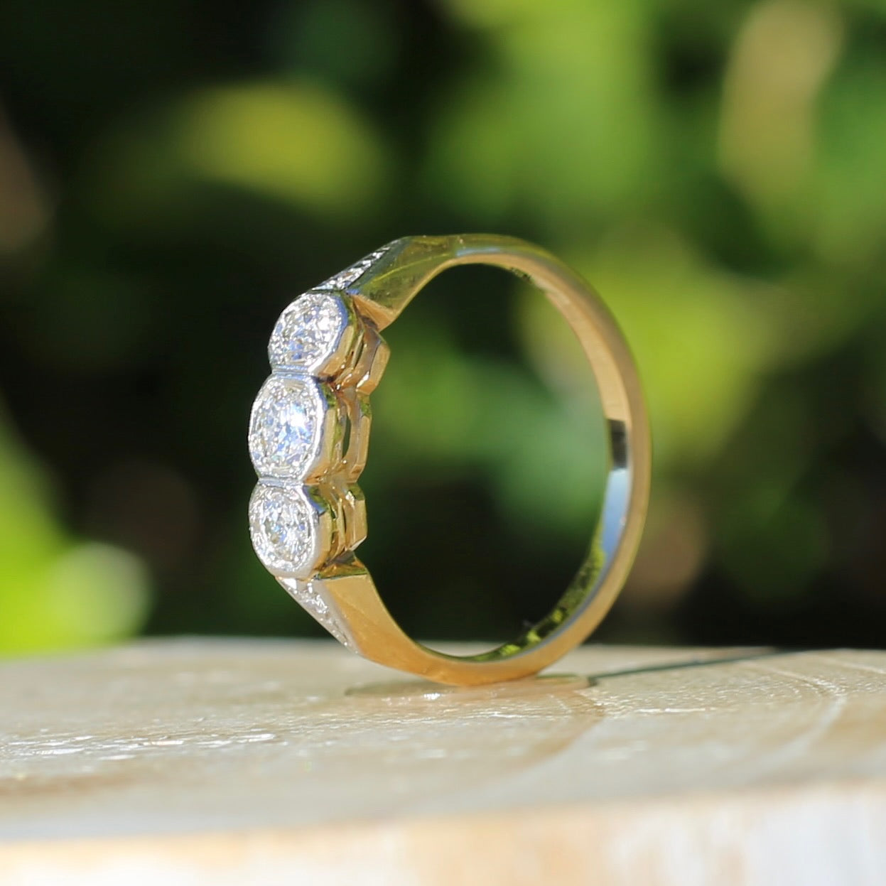 1930s Old and Transitional Cut Diamond Trilogy, 18ct Yellow and White Gold, size N or 6.75