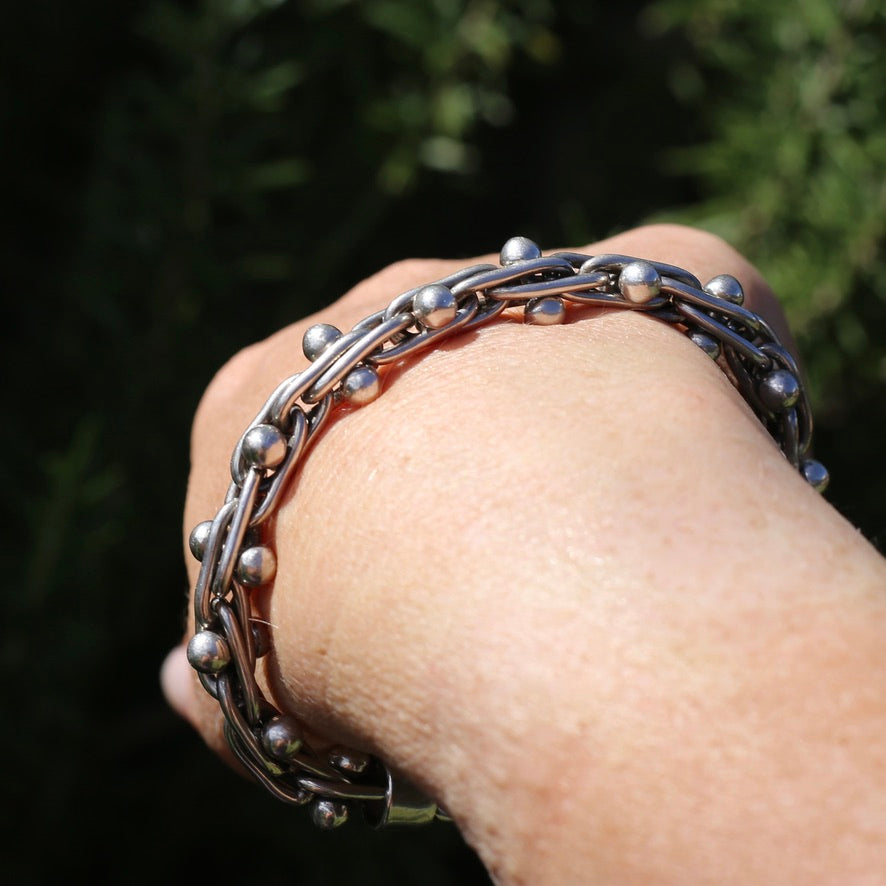 Chunky Silver Bracelet with Overlapping Loops and Dot Ball Detail, 45.3g