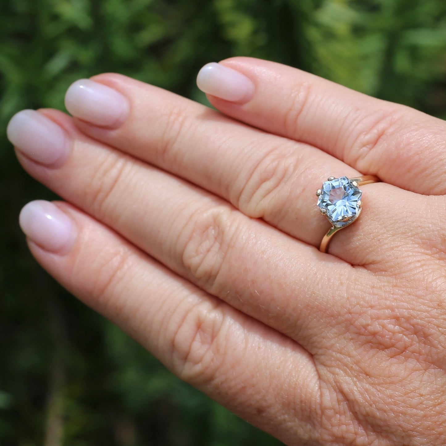 Fancy Hexagonal Cut Pale Blue Zircon Ring, 9ct Yellow Gold, size 7.5 or just over O1/2