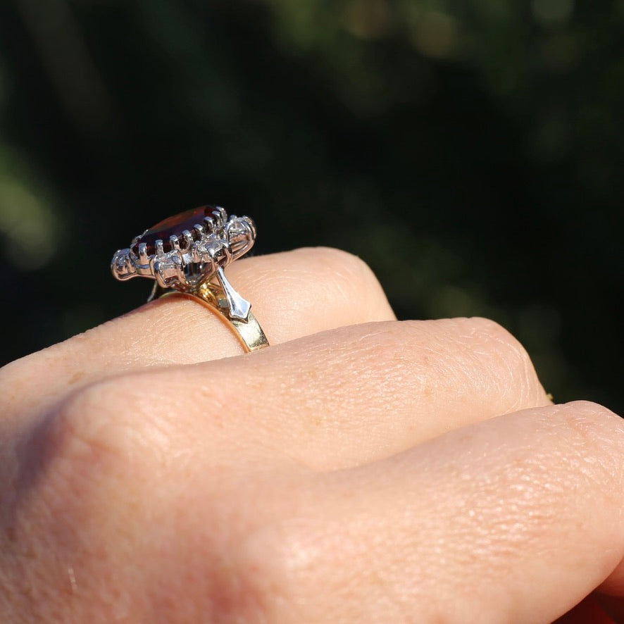 Viking feel Marquise Garnet With 6 Transitional Cut Diamonds, 18ct White and Yellow Gold, size N1/2 or 7