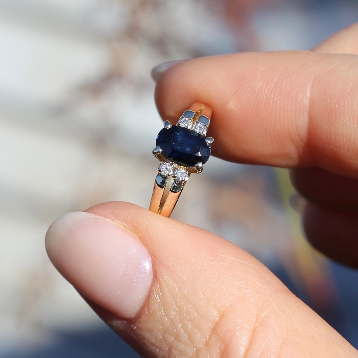 Oval Natural Blue Sapphire with Diamonds, Art Deco Feel Ring, 14ct Yellow Gold, size N or 6.75