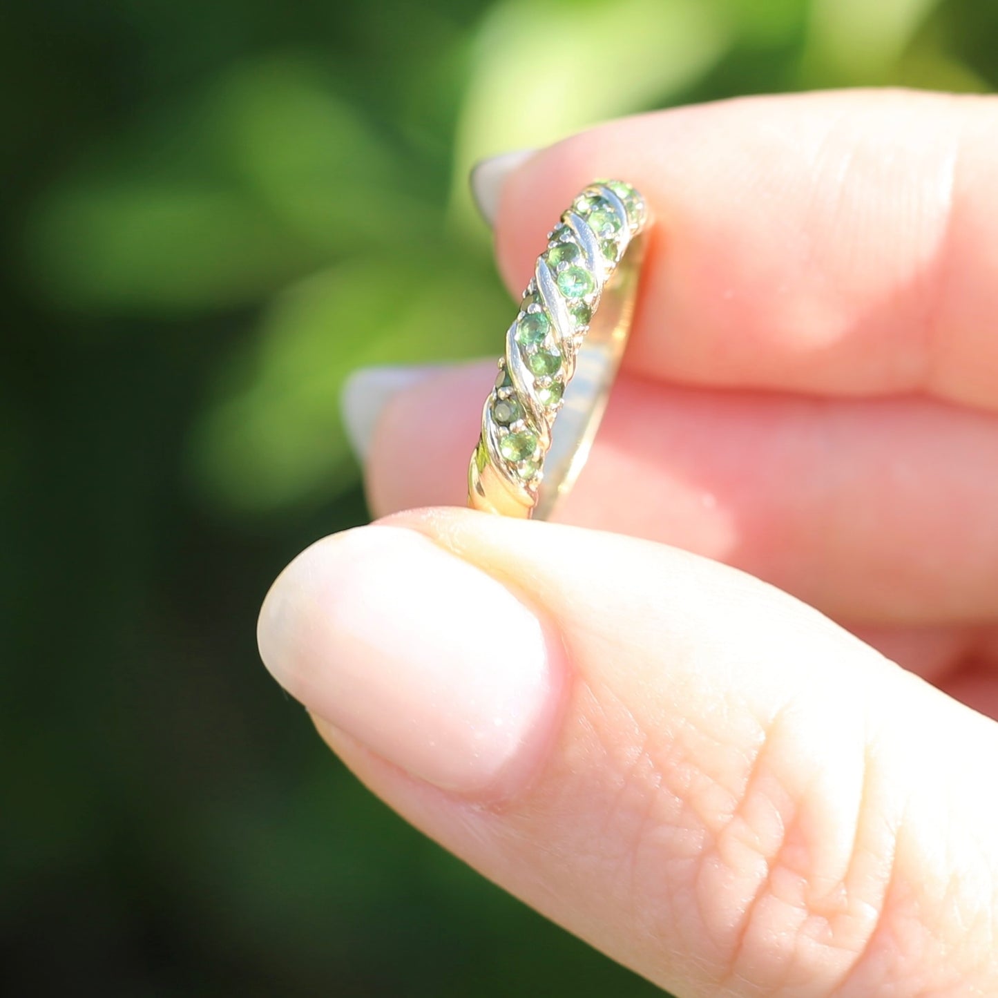 On hold Green Chrome Diopside or Garnet Rope Set Ring, 9ct Yellow Gold, size N or 6.75