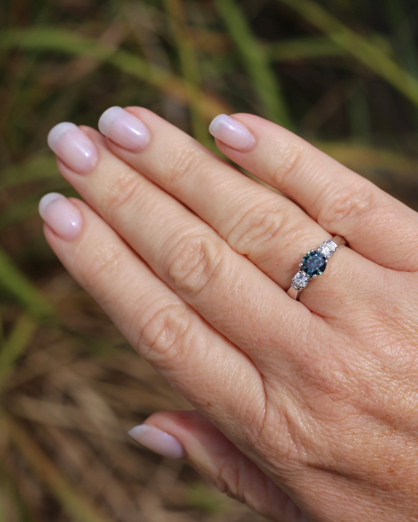 Unheated Eye Clean Parti Sapphire and Natural Diamond Trilogy, 9ct White Gold, size O1/2 or 7.5, 3.01g, with valuation