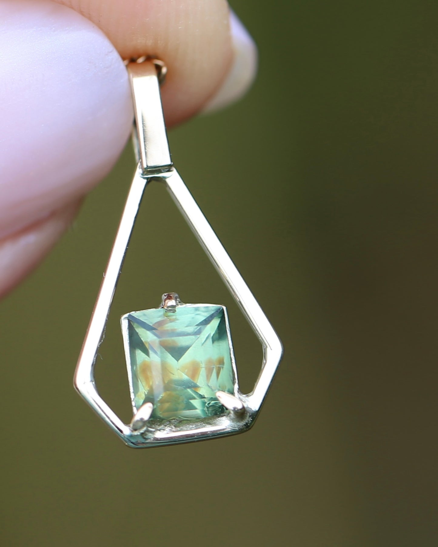 Modified Carre Cut Unheated Green Natural Sapphire in Handmade Vintage Pendant, 9ct Yellow Gold, 0.78g