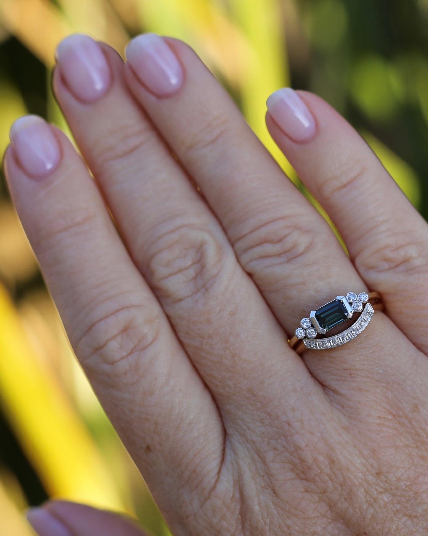 Vintage East West Set Natural Sapphire and Diamond Ring, 18ct Yellow and White Gold, size O or 7.25, 3.36g, with valuation