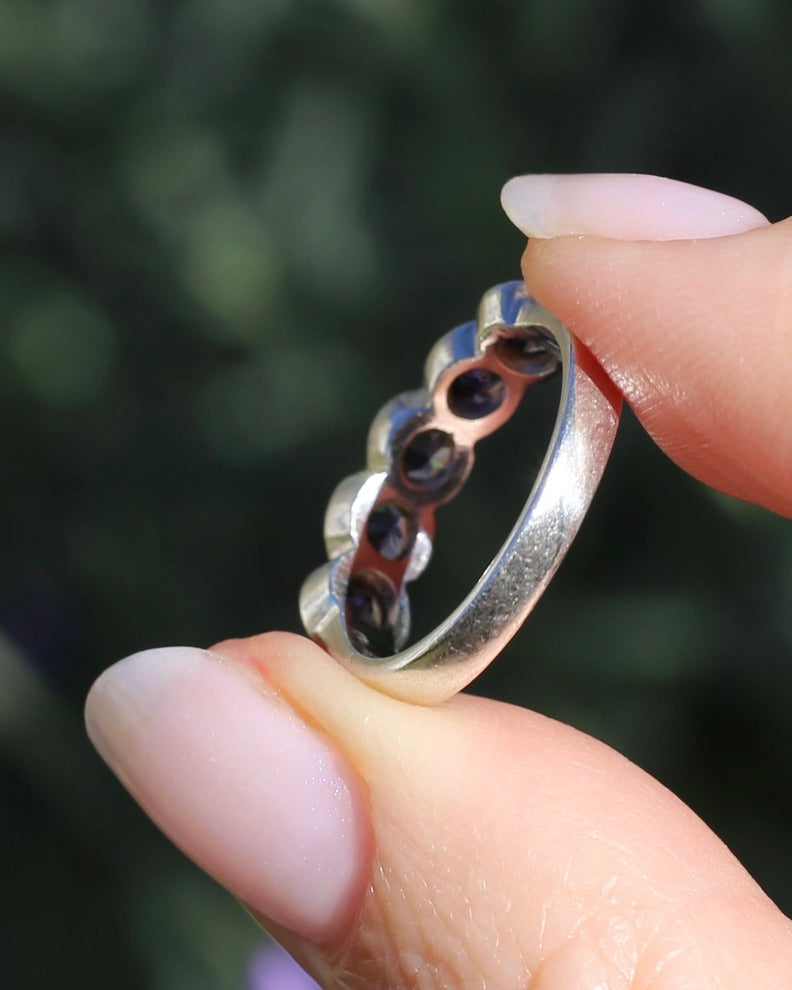 Five Stone Bezel Set Amethyst Silver Ring, Sterling Silver, size O or 7.25, 3.41g