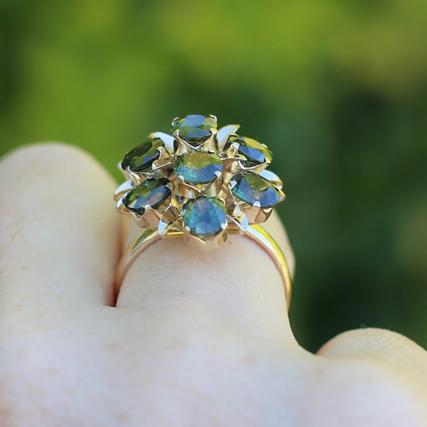 Brutalist Natural Green Sapphire Retro Ring, 14ct Yellow Gold, size 8 or Q