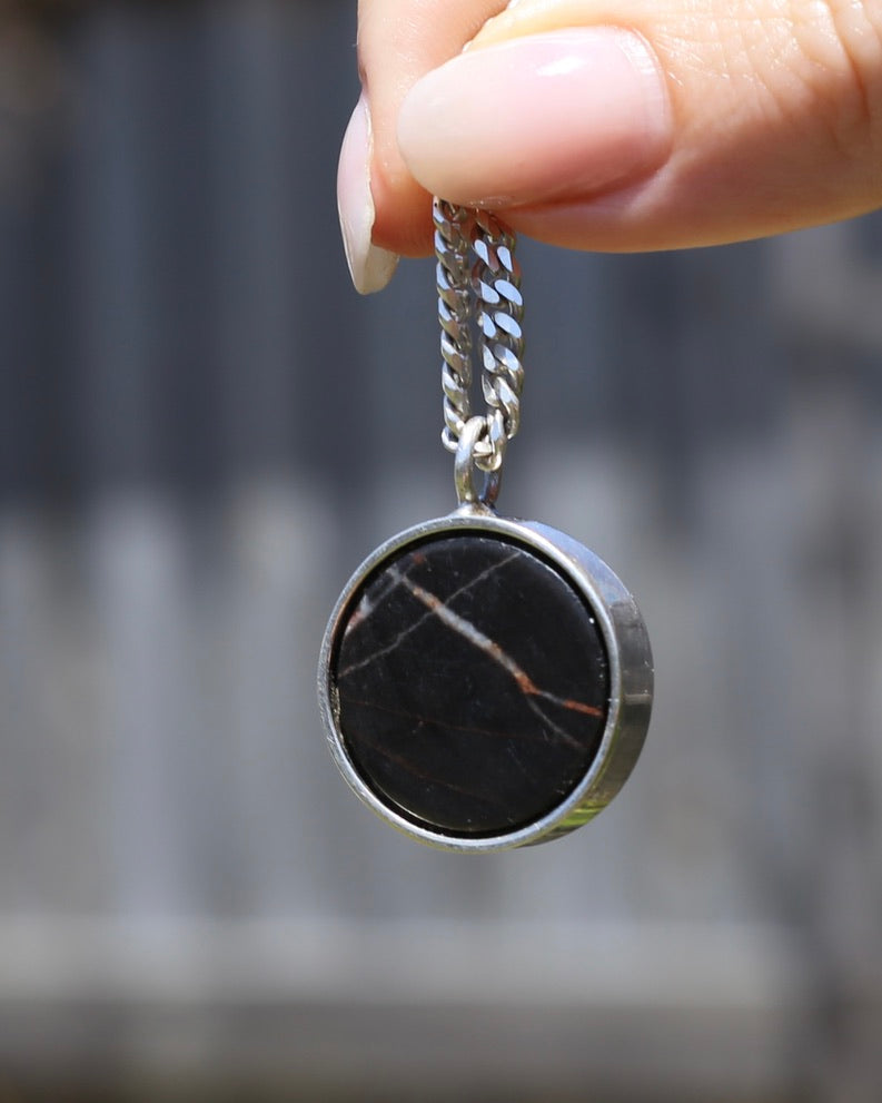 Vintage Chunky Black Agate and Silver Pendant, 13.2g