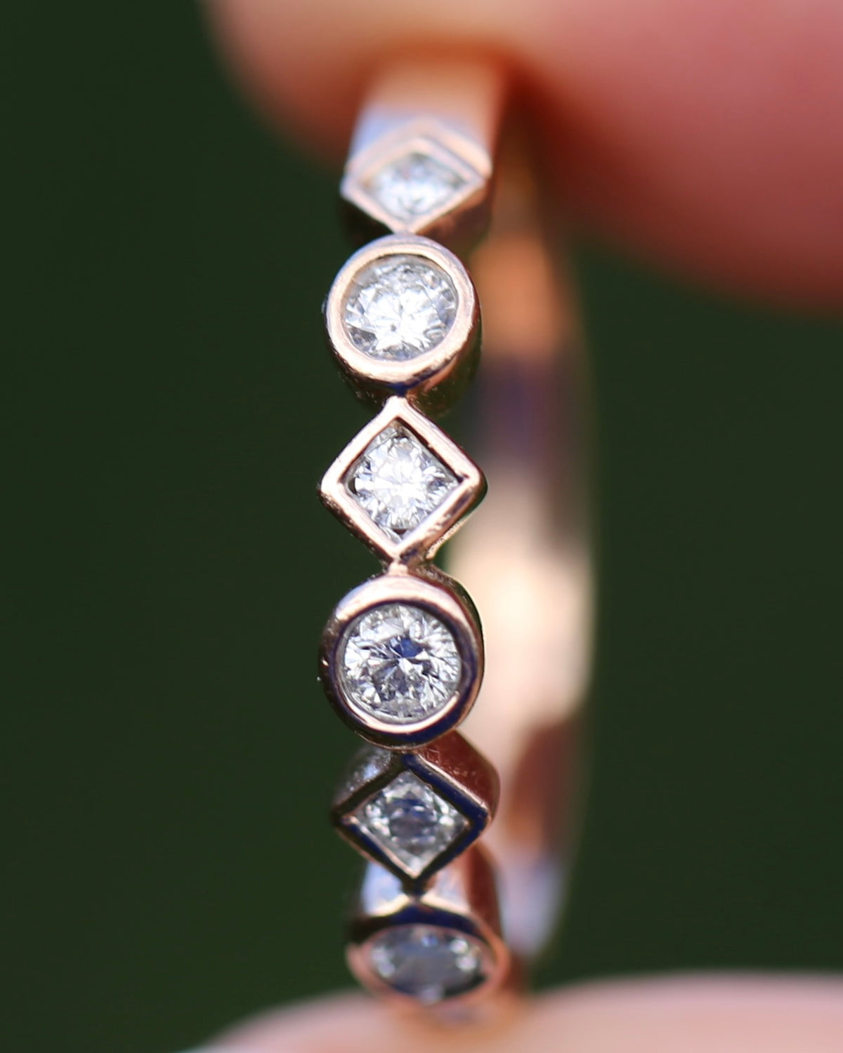 0.25ct 7 Stone Natural Diamond Bezel Set Round and Geometric Rose Gold Stacker, 10ct Rose Gold, size O or 7.25