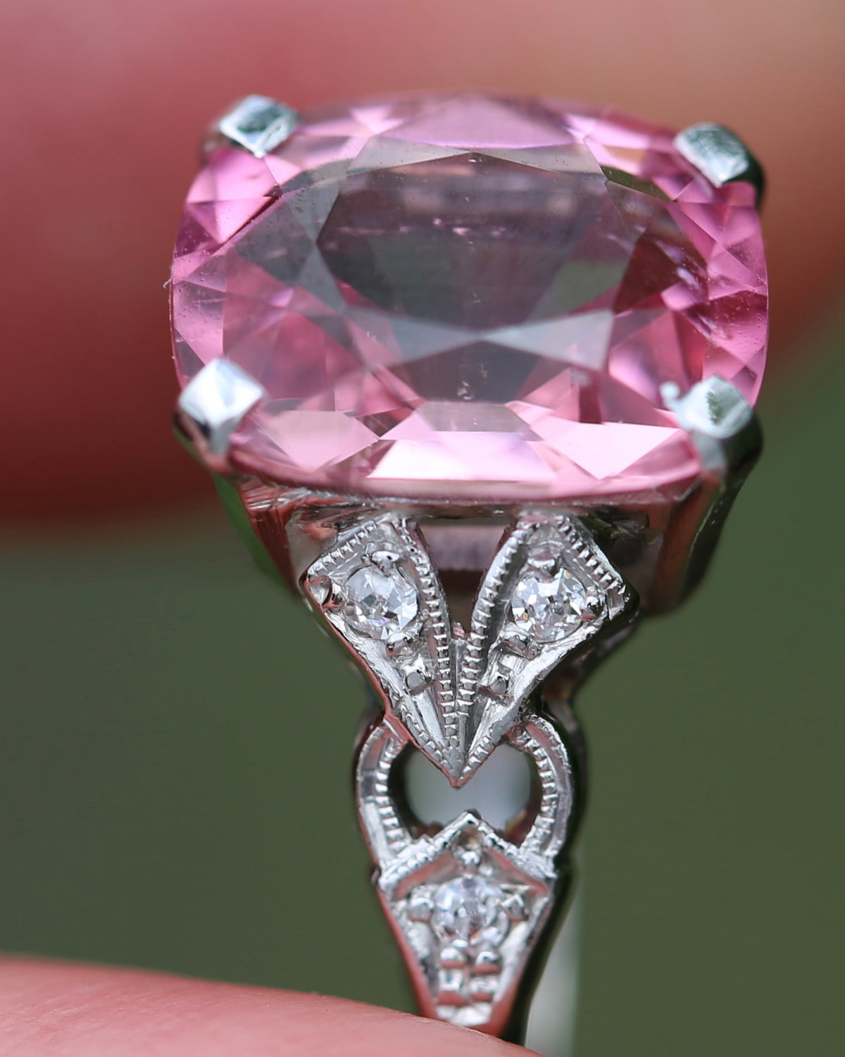 Pale Pink Tourmaline and Old Cut Diamond Shoulder Ring, 18ct White Gold and Platinum, size N or 6.75, 2.63g