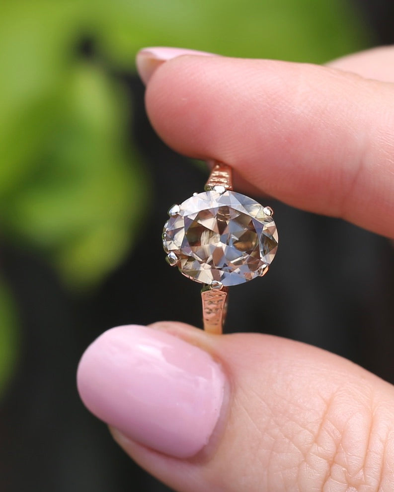 5.68ct Oval Natural Australian Zircon, In 1973 Birmingham Made Ring, 9ct Yellow Gold, size O1/2 or 7.5, 3.41g