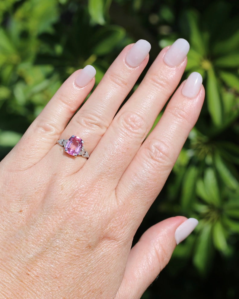 Pale Pink Tourmaline and Old Cut Diamond Shoulder Ring, 18ct White Gold and Platinum, size N or 6.75, 2.63g
