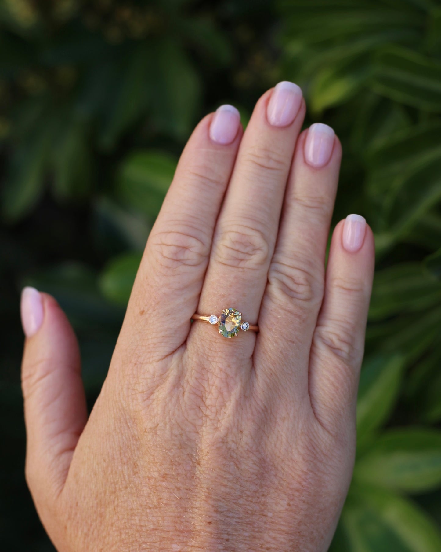 1.57ct Natural Golden Tanzanite Zoisite and Diamond Trilogy Ring, 14ct Rose Gold, size 8.75 or just over R, 3.3g, with valuation