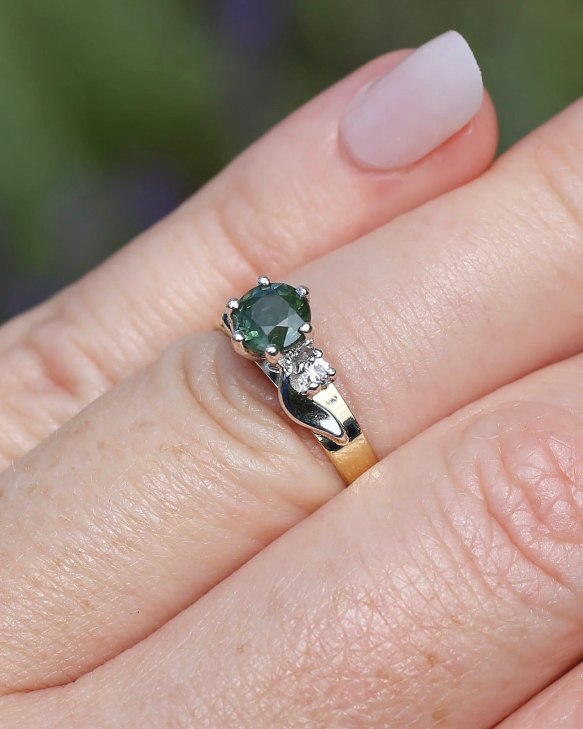 1ct Natural Green Sapphire Ring with White Spinel Side Stones, Silver and 9ct Yellow Gold, size M or 6.25, 2.1g