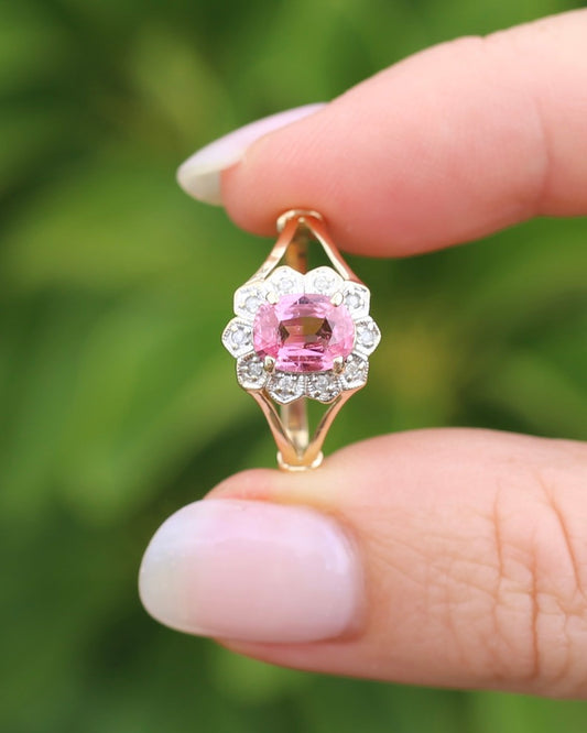 1.1ct Oval Pink Tourmaline with Diamond Halo, 9ct Yellow Gold, size Q or 8, 2.65g