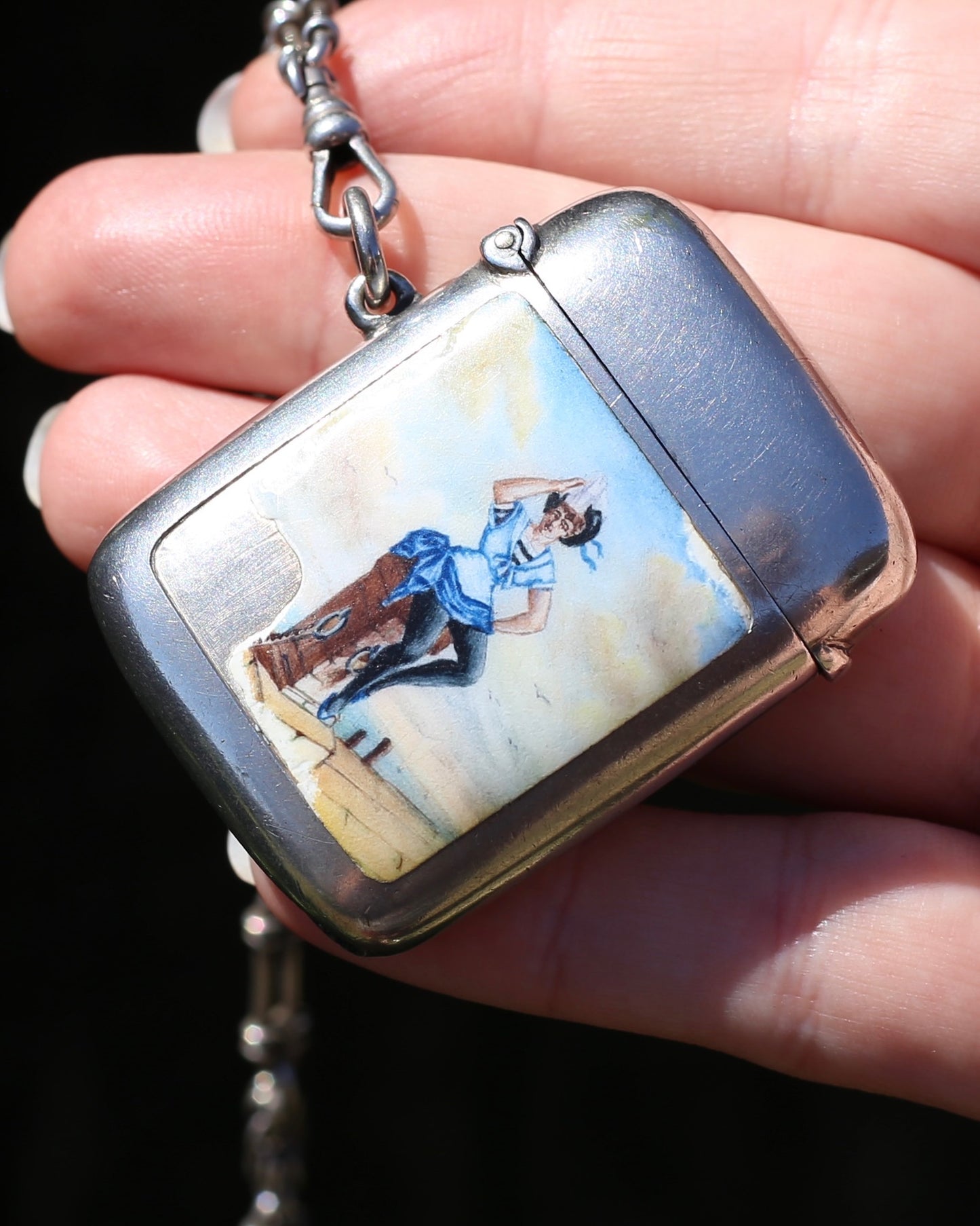 Antique 1896 Vesta Case featuring Enamel Sailor Girl, Sterling Silver, 39g
