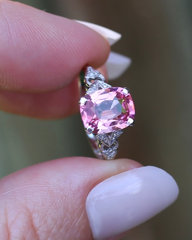 Pale Pink Tourmaline and Old Cut Diamond Shoulder Ring, 18ct White Gold and Platinum, size N or 6.75, 2.63g