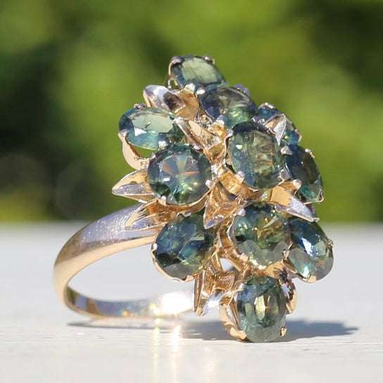 Brutalist Natural Green Sapphire Retro Ring, 14ct Yellow Gold, size 8 or Q