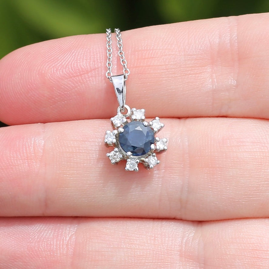 1.15ct Sapphire and Diamond Pendant, 14ct White Gold, with 9ct White Gold Chain