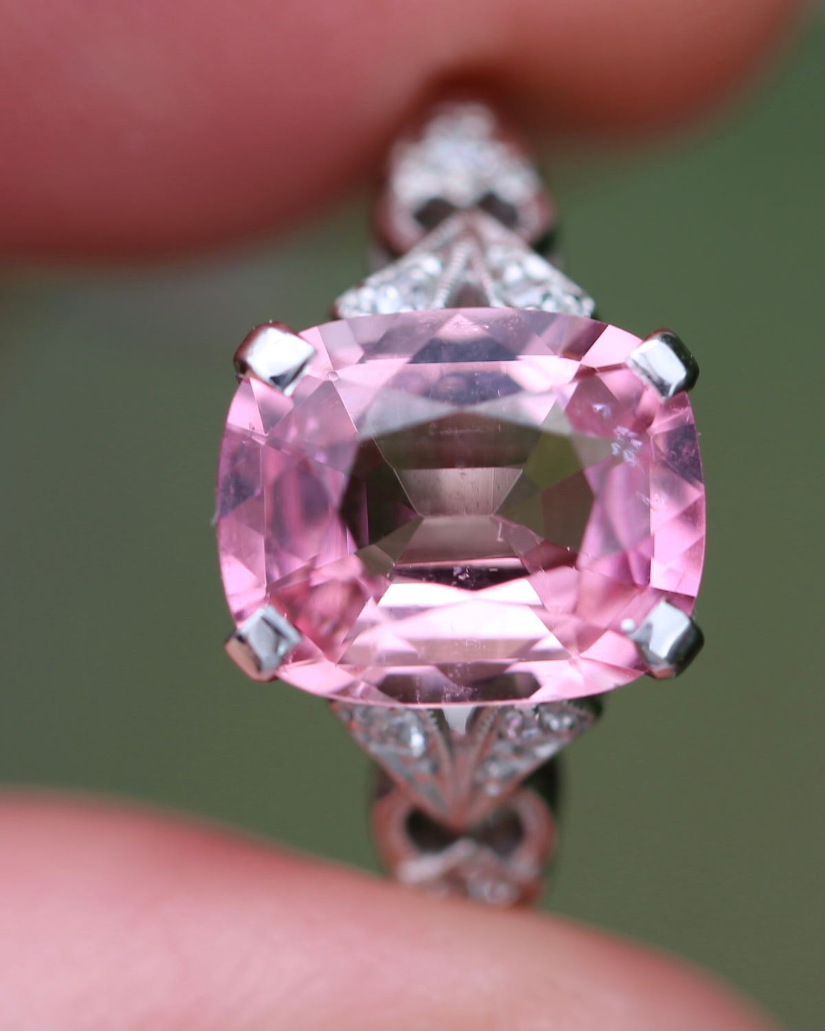 Pale Pink Tourmaline and Old Cut Diamond Shoulder Ring, 18ct White Gold and Platinum, size N or 6.75, 2.63g