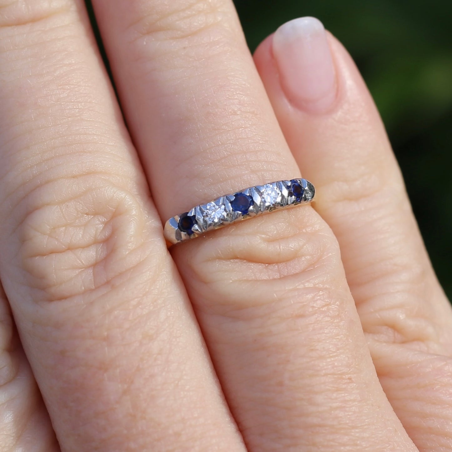 5 Stone Sapphire and Diamond Half Hoop, 18ct White and Yellow Gold, size M or 6.25