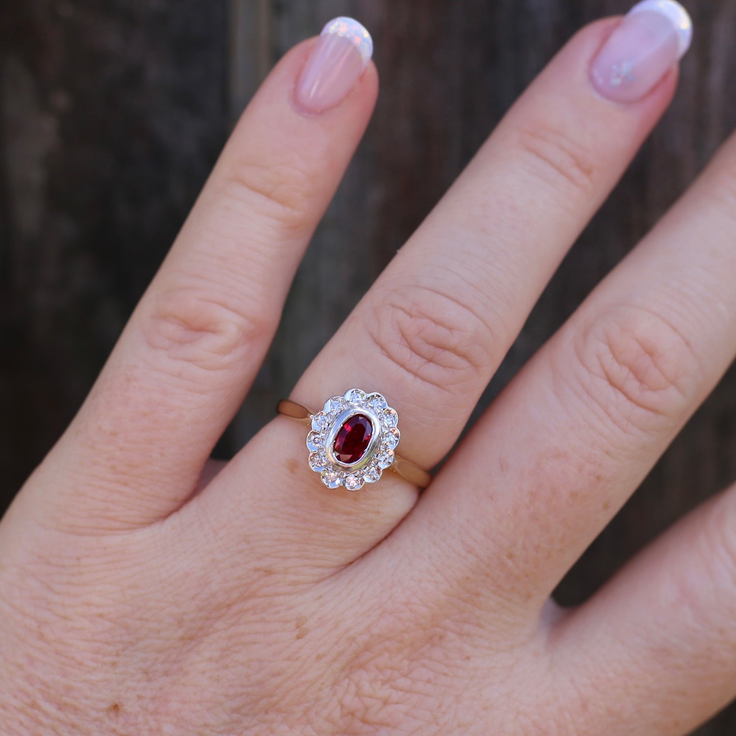 Ruby and Diamond Halo, 18ct Yellow and White Gold, size P or 7.75 with valuation