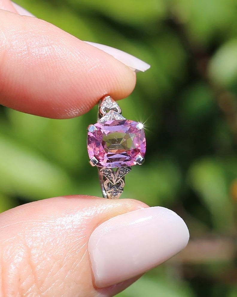 Pale Pink Tourmaline and Old Cut Diamond Shoulder Ring, 18ct White Gold and Platinum, size N or 6.75, 2.63g