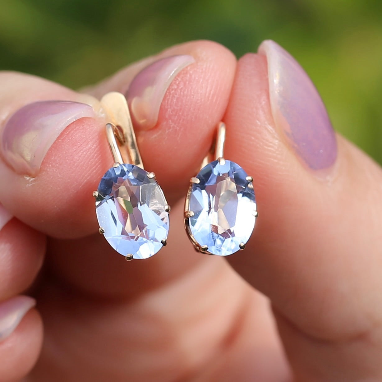 Vintage Russian Pale Lilac Blue Spinel Earrings with Lever Backs, 14ct Rosey Gold, 3.03g