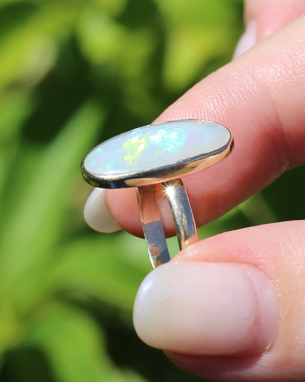 Crystal Opal Cabochon, Low Profile, in Bezel Set 9ct Yellow Gold, size T1/2 or 9.75