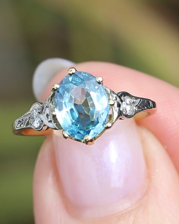 Circa 1930s Art Deco Blue Zircon and Diamond Ring, 18ct size just over M1/2 or 6.5, 2.80g