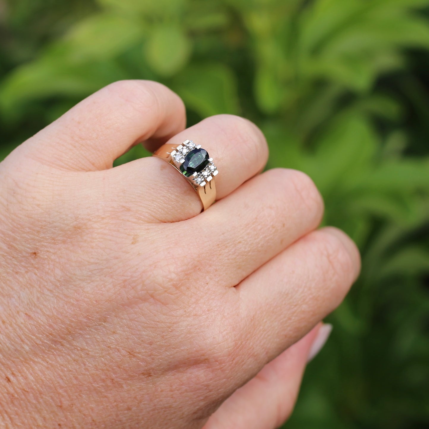 0.95ct Green Tourmaline and Diamond High Set Ring, 9ct White and Yellow Gold, size O or just over 7