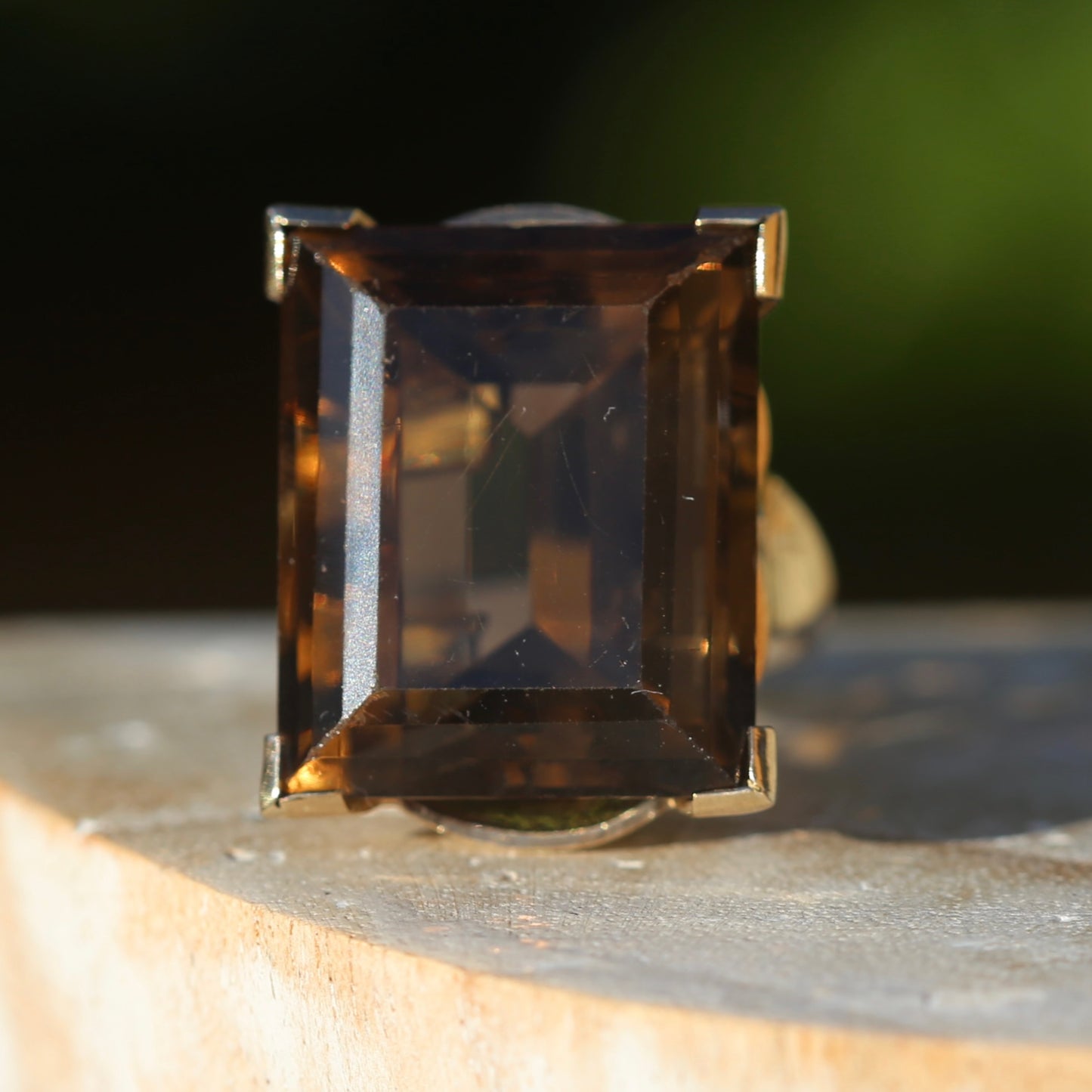 Mid Century 36ct Princess Cut Smoky Quartz Cocktail Ring, 9ct Yellow Gold, size N1/2 or 6.75