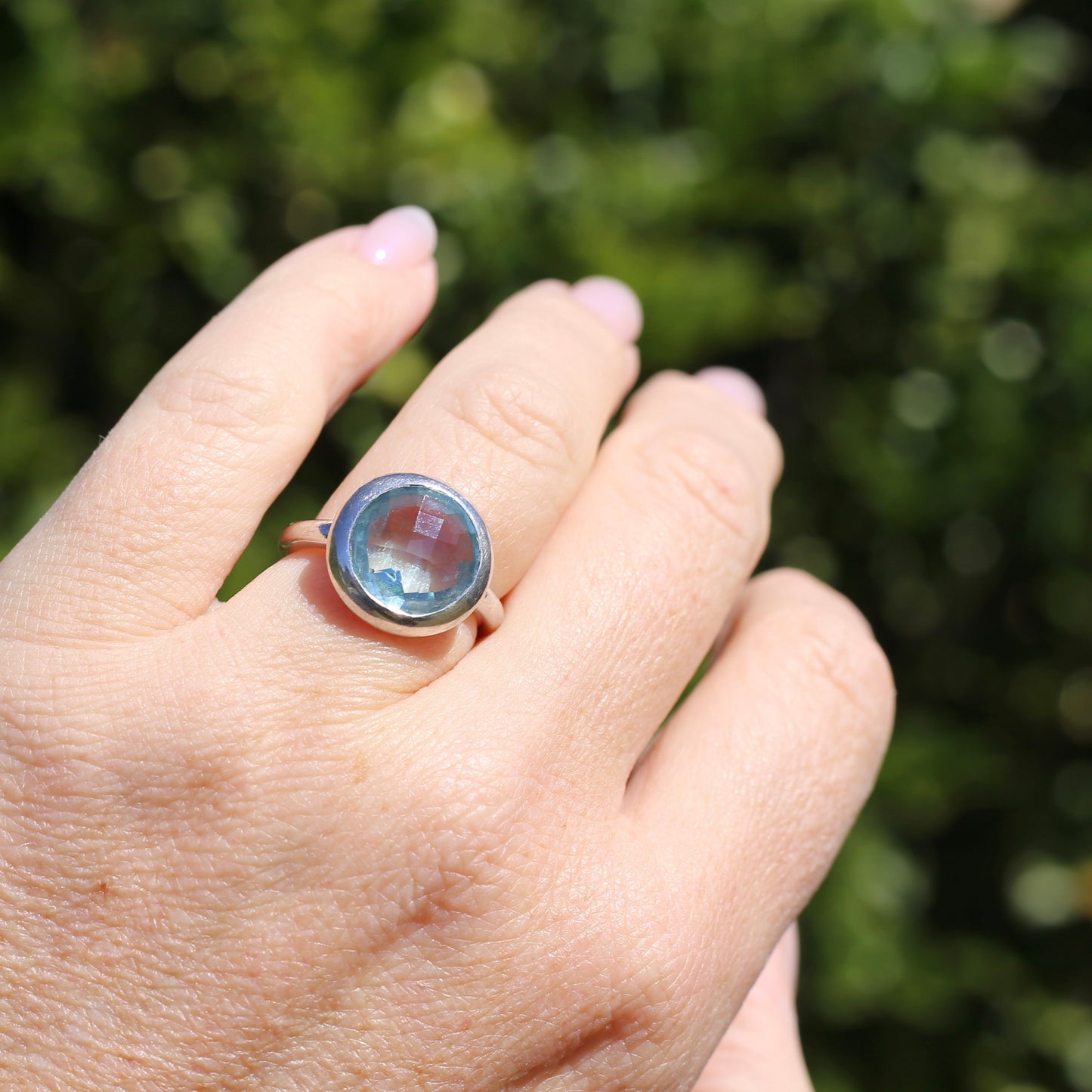 Bezel Set Harlequin Cut Blue Topaz Ring, Sterling Silver, size O or 7.25 (fits bigger)