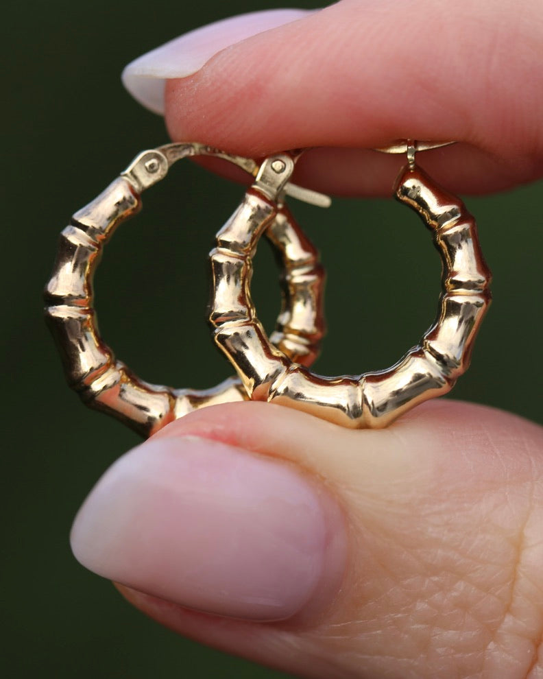 Italian Made UnoAErre Bamboo Earrings, 9ct Yellow Gold, 18mm, 1.27g
