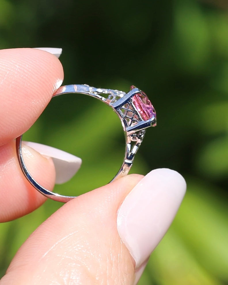 Pale Pink Tourmaline and Old Cut Diamond Shoulder Ring, 18ct White Gold and Platinum, size N or 6.75, 2.63g