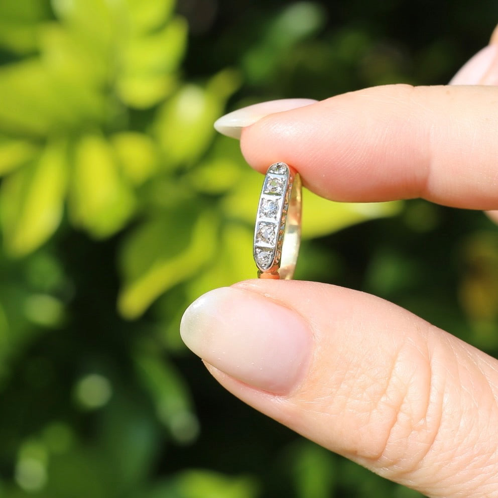 1930s Old Cut 5 Stone Diamond Ring, Platinum and 18ct Yellow Gold, size L or 5.75