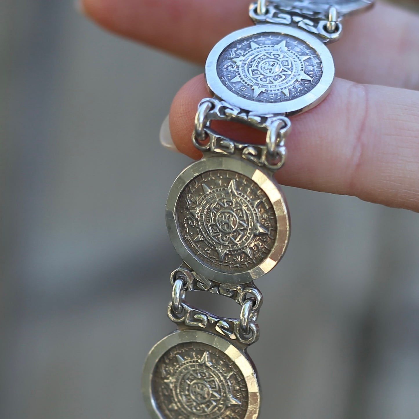 Vintage 1980s Maya Calendar Coin Bracelet, made in Mexico 950 Silver, 20cm or just under 8 inches