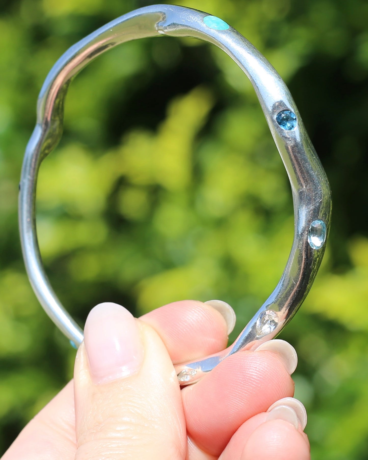 Irregular Handmade Chunky Sterling Silver Bangle with Sapphires and Topaz, 42.6g