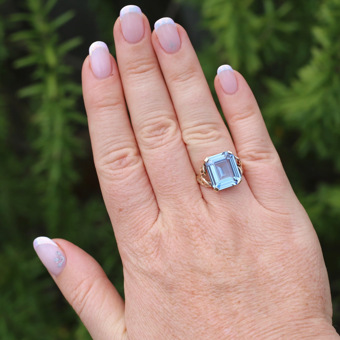 Mid Century Emerald Cut Blue Spinel Cocktail Ring, size N1/2 or 6.75