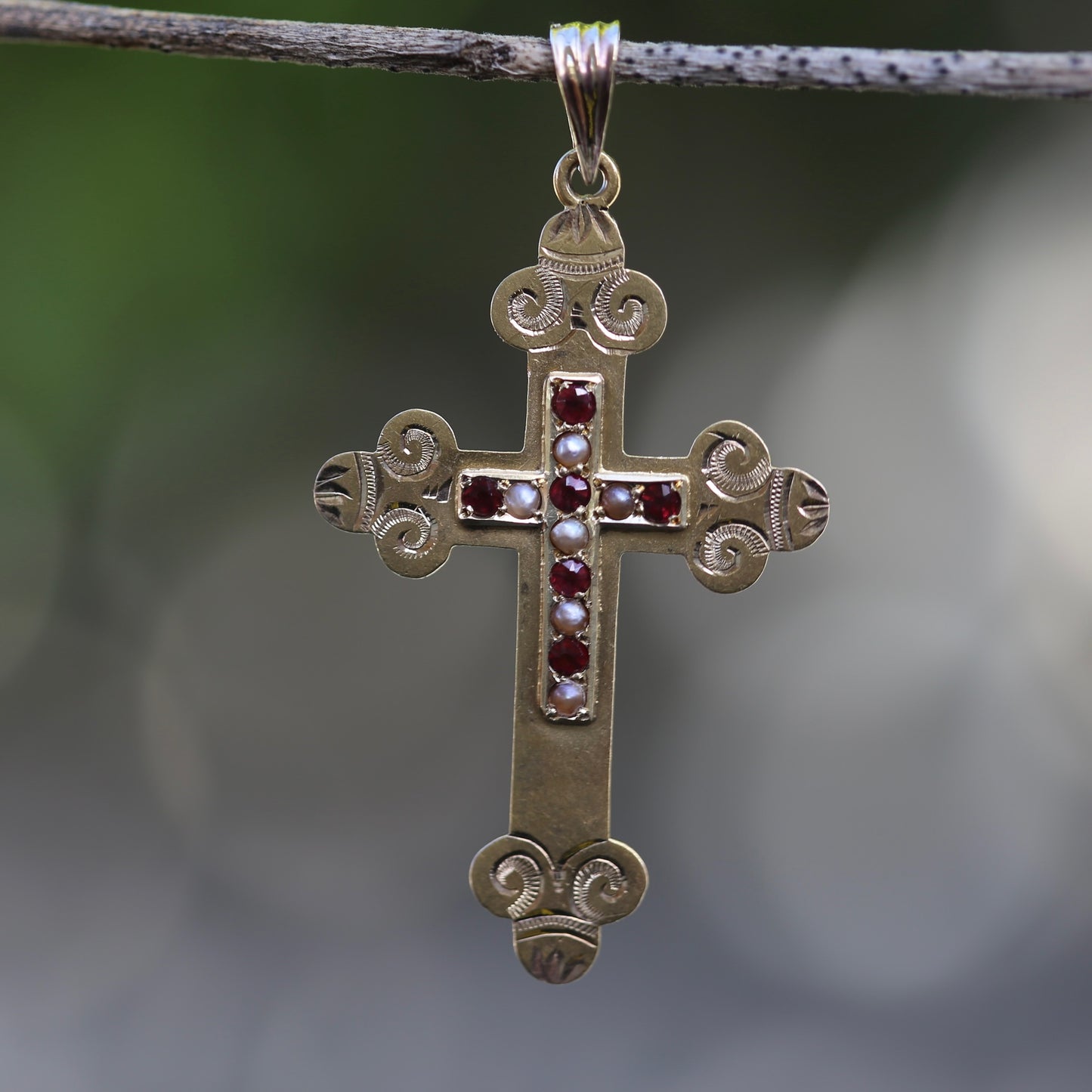 Antique 15ct Ruby and Pearl Crucifix by Australian Jeweller Willis and Sons, 15ct Gold