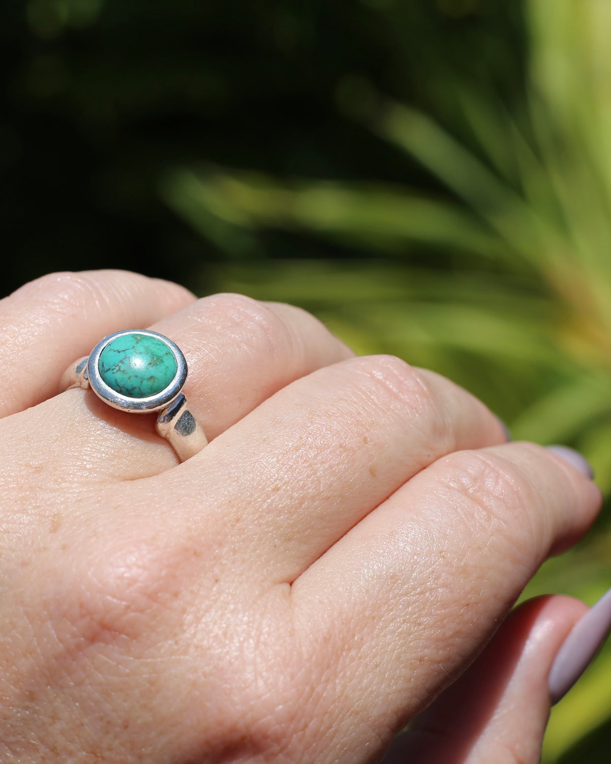 Natural Turquoise Cabochon Bezel Set Ring, Sterling Silver, size Q or just over 8, 7.3g